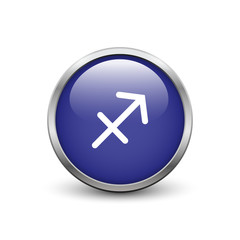 Sagittarius zodiac symbol, blue button with metal frame and shadow