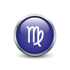 Virgo zodiac symbol, blue button with metal frame and shadow