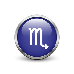 Scorpio zodiac symbol, blue button with metal frame and shadow