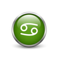 Cancer zodiac symbol, green button with metal frame and shadow
