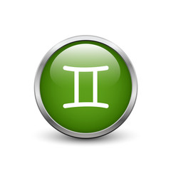 Gemini zodiac symbol, green button with metal frame and shadow