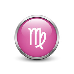 Virgo zodiac symbol, black button with metal frame and shadow