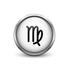 Virgo zodiac symbol, black button with metal frame and shadow