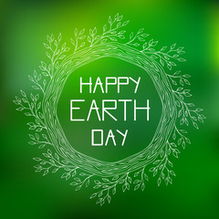Vector illustration white painted circular twig pattern with tree leaves, inside circle inscription happy earth day, against a background of green hues