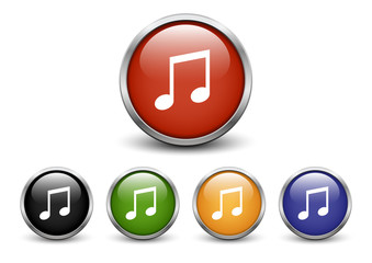Music Note icons, set of five colored buttons with metal frame and shadow