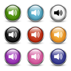  High Volume icons, set of nine colored buttons with metal frame and shadow