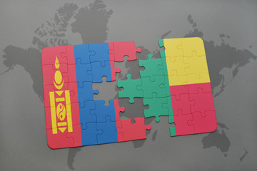 puzzle with the national flag of mongolia and benin on a world map