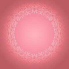 Hand drawn wreath with berries and branches. Round frame for cards, invitations and design. Vector illustration in soft pink colors for background.