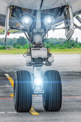 Aircraft landing gear and landing lights lights on
