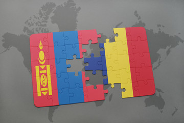 puzzle with the national flag of mongolia and chad on a world map