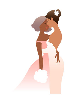 Illustration Of Female Same Sex Couple Embracing Each Other After Being Married. Same-sex Family. Vector Art, Cartoon Style Isolated On White. For Wedding Invitations, Save The Date Cards.