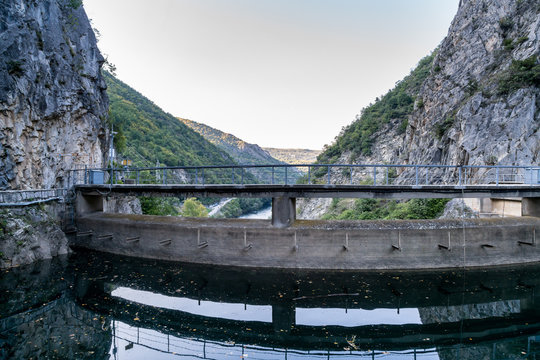 The Matka dam at lake Matka with the canyon in the Skopje surroundings. Beautiful view of the canyon and mountains surrounding Skopje, Macedonia.
