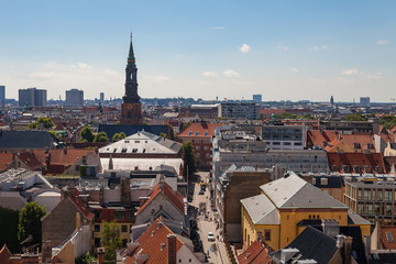 Fototapeta na wymiar Cityscape of Copenhagen from the Round Tower. City center streets.