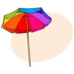 Rainbow colored, open beach umbrella, sketch style vector illustration with place for text. Hand drawn beach umbrella, symbol of summer vacation in tropical countries