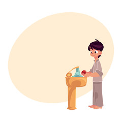 Little boy in pajamas washing hands with soap under running water, hygiene concept, cartoon vector illustration with place for text. Boy washing hands, hygiene, health care concept