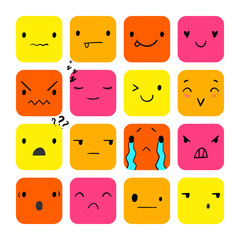 Square emoticons with different emotions, vector set of various hand-drawn cute expressions, EPS 8