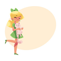Teen, teenage girl in green dress holding and cuddling fluffy cat, kitten, pet, cartoon vector illustration with place for text.