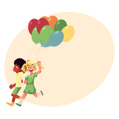 Black African American boy and blond girl running together with colorful balloons, cartoon vector illustration with place for text.