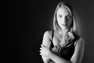black and white image of woman in underwear
