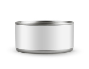 White blank tincan silver metal Tin Can, canned Food. Isolated on white background. Ready for your design. Real product packing. Mockup.