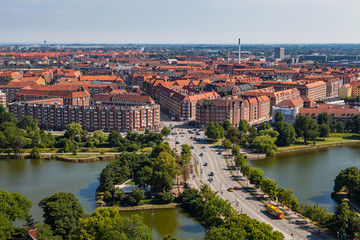 Aerial view of Copenhagen city. Christianshavn district with living blocks.