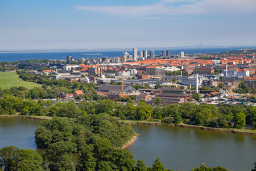 Aerial view of Copenhagen city. Canal and industial area.