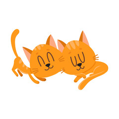 Two cute and funny cat characters sleeping together, cartoon vector illustration isolated on white background. Couple of cute sleeping, napping, dreaming little red cat, kitten characters