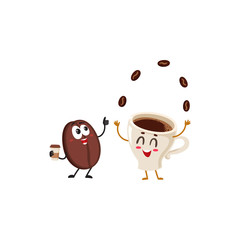 Funny characters of crazy coffee bean and juggling espresso cup, cartoon vector illustration isolated on white background. Coffee bean hands up from awe and juggling espresso cup characters, mascots