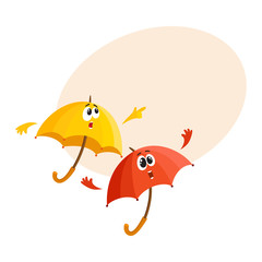 Two funny umbrella characters with human faces pointing to something and fling arms up with surprise, cartoon vector illustration with place for text. Couple of umbrella, parasol characters