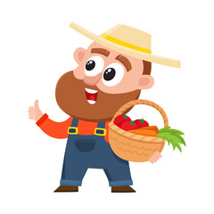 Funny farmer, gardener character in straw hat and overalls holding basket with vegetables, thumb up, cartoon vector illustration isolated on white background. Comic farmer character, design elements