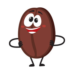 Funny, crazy looking coffee bean character with human face with arms akimbo, cartoon vector illustration isolated on white background. Crazy coffee bean character, mascot, design element