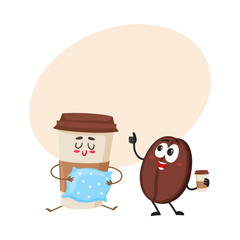 Funny coffee bean and sleepy paper cup characters, breakfast, morning, wake up concept, cartoon vector illustration with place for text. Coffee bean and paper coffee cup characters, mascots