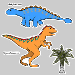 Set of stickers stylized dinosaurs and tree