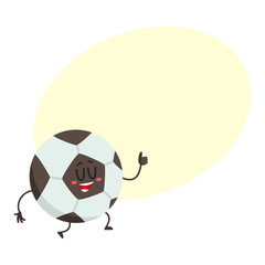 Funny football, soccer ball character with smiling human face, sport equipment, cartoon vector illustration with place for text. Smiling football ball character, sport, leisure activity
