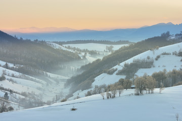 Fototapeta premium Beautiful winter mountain landscape with snowflakes in frosty winter day. Carpathian wild mountains. Romania. Holbav. Bran. Brasov. Romania. Little noise. Colorful winter sky.
