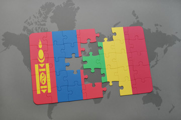 puzzle with the national flag of mongolia and mali on a world map