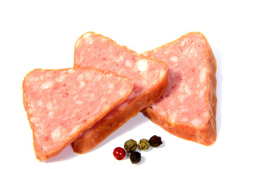 Salami smoked sausage slices isolated on white background cutout