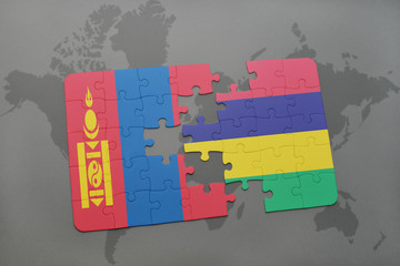 puzzle with the national flag of mongolia and mauritius on a world map