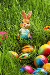 Sugar rabbit and easter eggs on meadow.