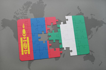 puzzle with the national flag of mongolia and nigeria on a world map