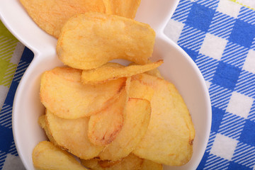 Close up potato chips. top view background