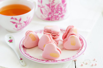 French pastry  makaron in form of heart on Valentine's Day .. Selective focus.