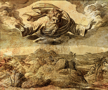 God creator creating the water and earth, graphic collage from engraving of Nazareene School, published in The Holy Bible, St.Vojtech Publishing, Trnava, Slovakia, 1937.