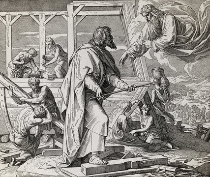 God giving instructions how tho build the ark to Noah and his family, graphic collage from engraving of Nazareene School, published in The Holy Bible, St.Vojtech Publishing, Trnava, Slovakia, 1937.