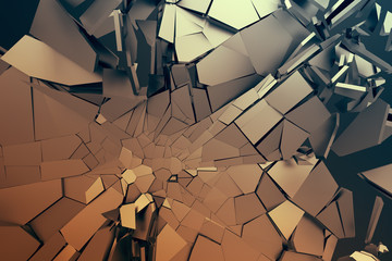 Abstract 3d rendering of cracked surface. Background with broken shape. Wall destruction. Bursting with debris. Modern cgi illustration. Design for poster, banner, placard, cover, print.