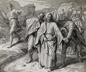 Fototapeta premium Man throwing stones on king David and his companions, graphic collage from engraving of Nazareene School, published in The Holy Bible, St.Vojtech Publishing, Trnava, Slovakia, 1937.