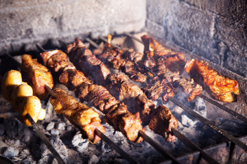 Juicy slices of meat with sauce prepare on the hot coals