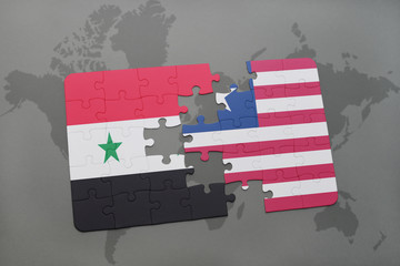 puzzle with the national flag of syria and liberia on a world map