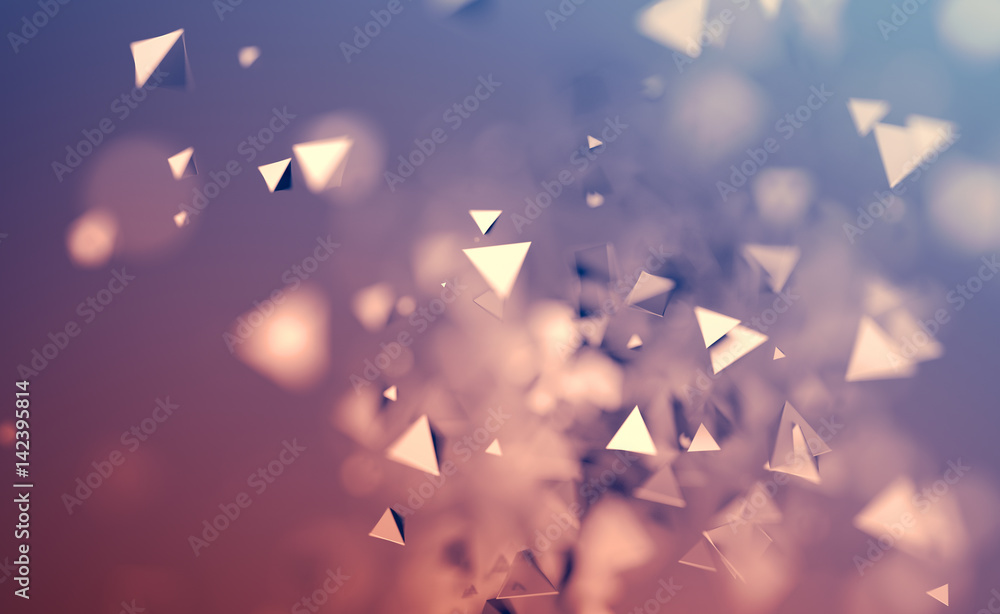 Poster abstract 3d rendering of chaotic low poly shapes. flying polygonal pyramids in empty space. futurist