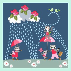 Greeting card or baby shower invitation template with cute raccoons family, funny monkey and cheerful birds in the rain.